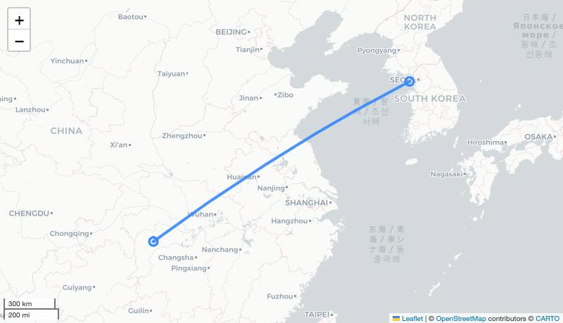 3U3707 DYG-ICN 항로 지도