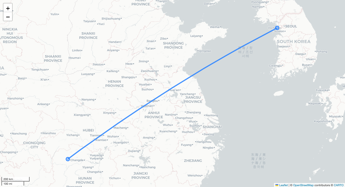 3U3708 ICN-DYG 항로 지도