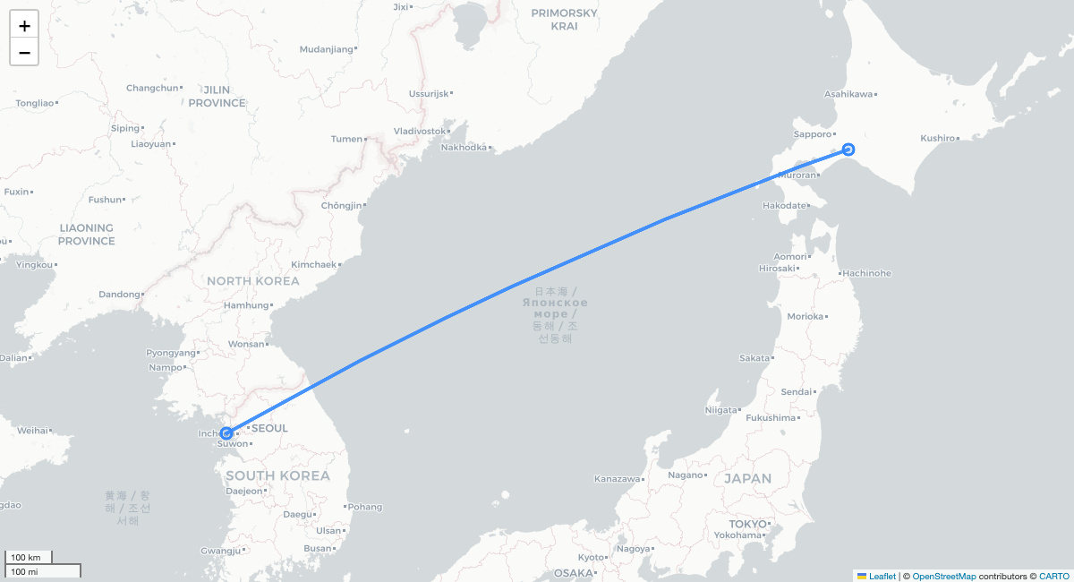 7C1502 CTS-ICN 항로 지도