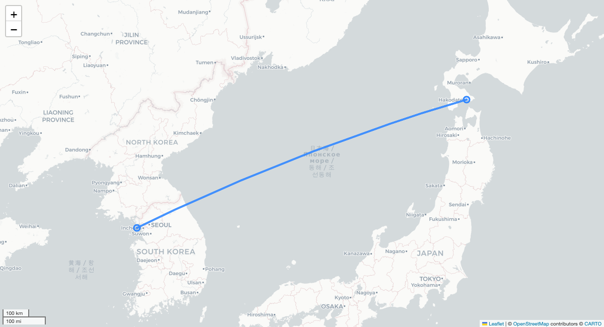 7C1514 HKD-ICN 항로 지도