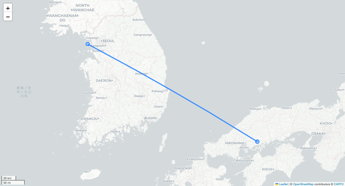 7C1616 HIJ-ICN 항로 지도