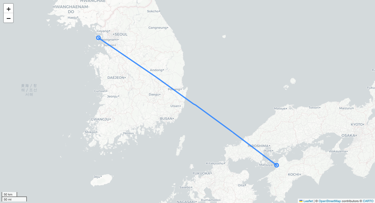 7C1703 ICN-MYJ 항로 지도