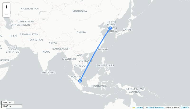 7C2623 ICN-SIN 항로 지도