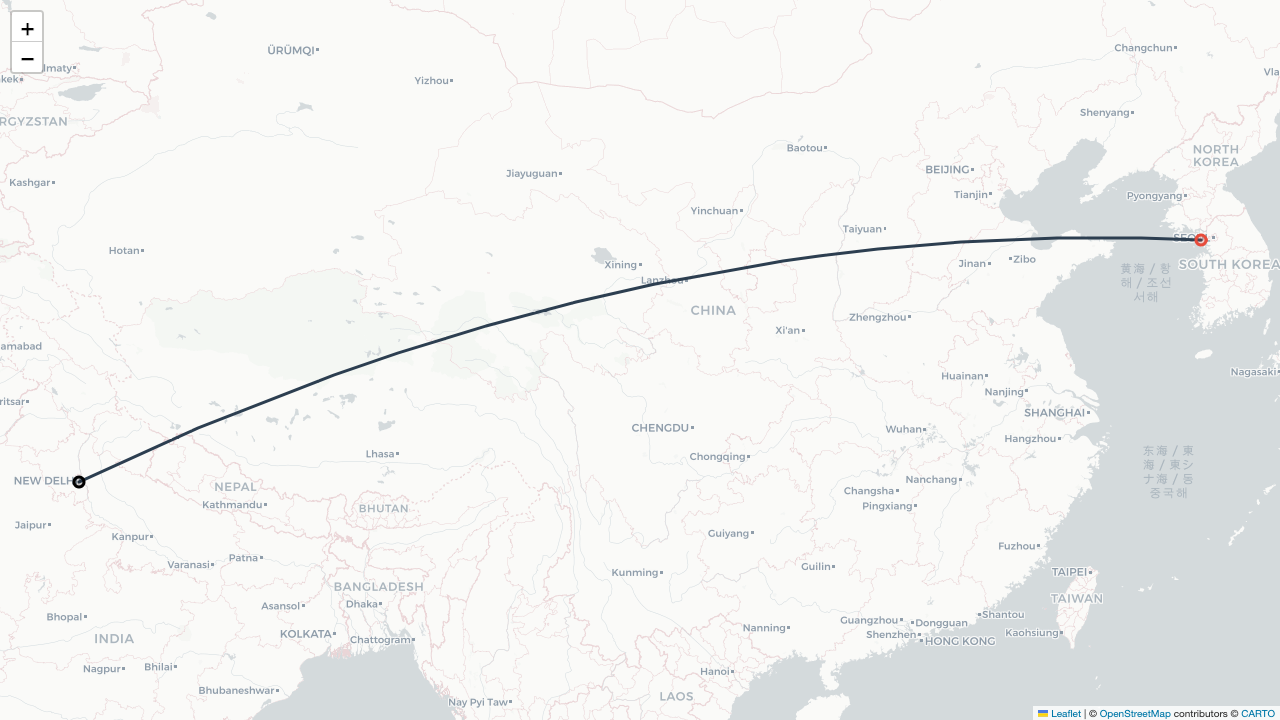 AI312 에어인디아 뉴델리 New Delhi (인디라 간디 Indira Gandhi) (DEL)-서울 Seoul (인천 Incheon) (ICN) 항공편 일정 Flight Map