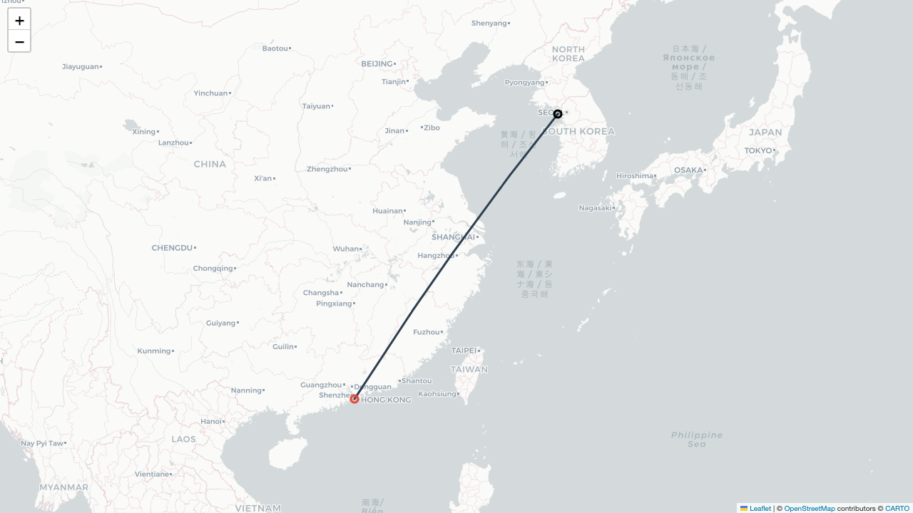 ET3673 에티오피아항공 서울 Seoul (인천 Incheon) (ICN)-홍콩 Hong Kong (홍콩 Hong Kong) (HKG) 항공편 일정 Flight Map