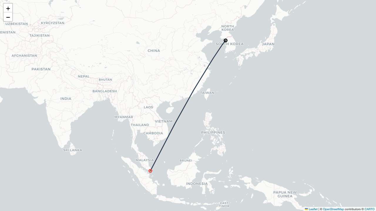 KE645 대한항공 서울 Seoul (인천 Incheon) (ICN)-싱가포르 Singapore (창이 Changi) (SIN) 항공편 일정 Flight Map