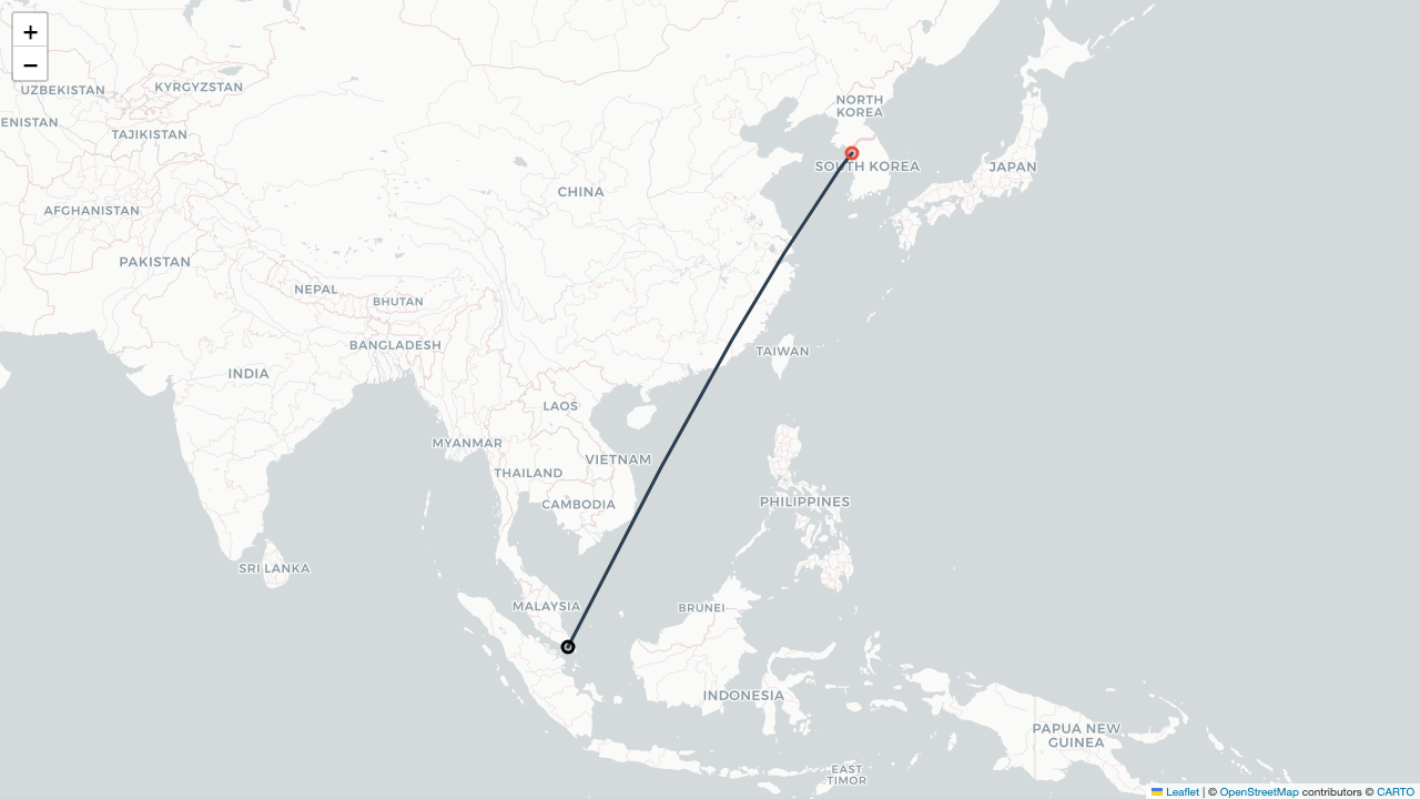 KE646 대한항공 싱가포르 Singapore (창이 Changi) (SIN)-서울 Seoul (인천 Incheon) (ICN) 항공편 일정 Flight Map