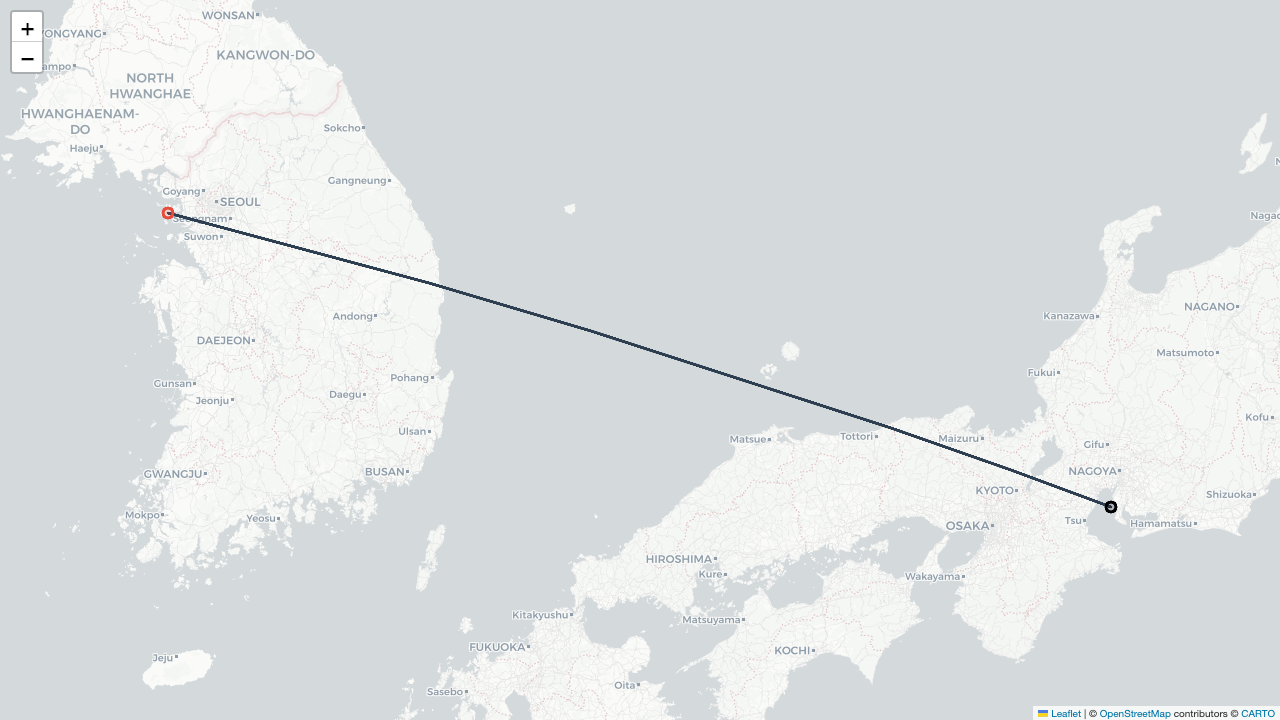 KE744 대한항공 치타 Chita (카달라 Kadala) (NGO)-서울 Seoul (인천 Incheon) (ICN) 항공편 일정 Flight Map