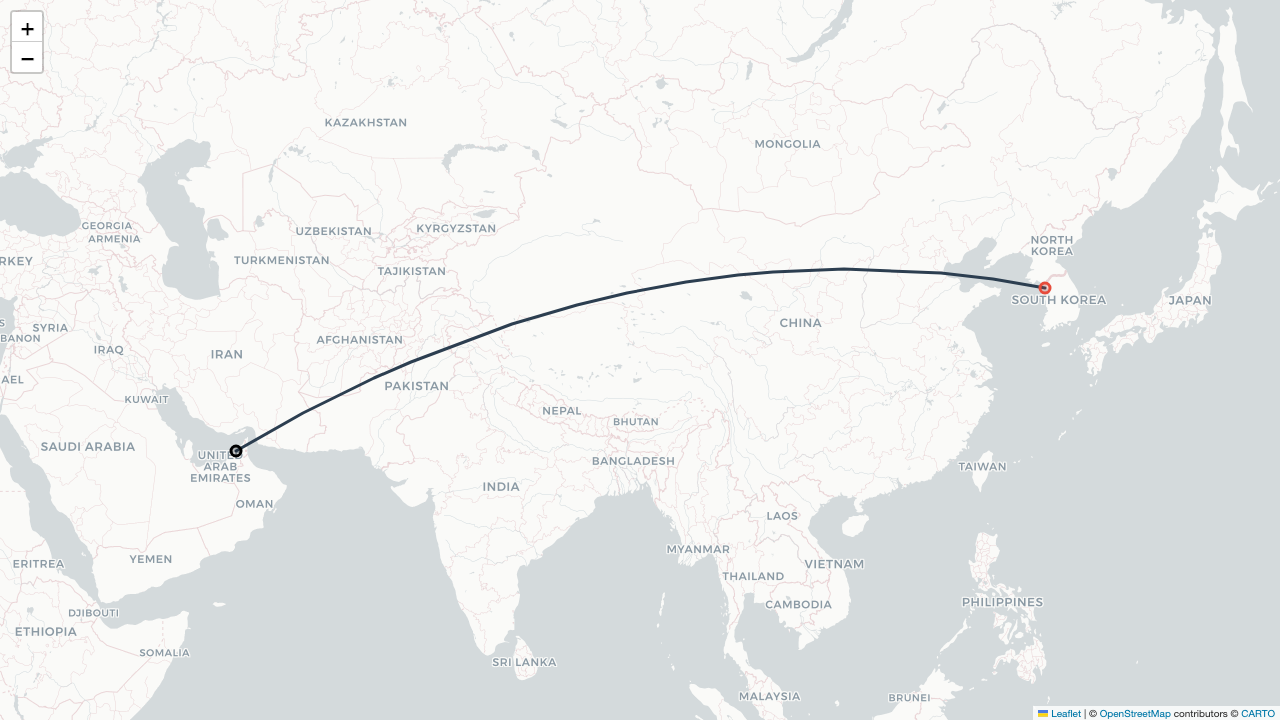 KE952 대한항공 두바이 Dubai (두바이 Dubai) (DXB)-서울 Seoul (인천 Incheon) (ICN) 항공편 일정 Flight Map
