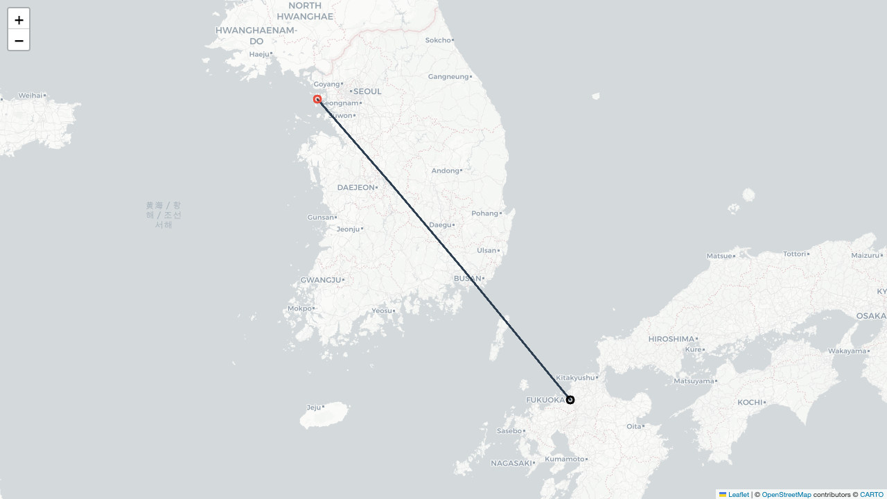 LJ262 진에어 후쿠오카 Fukuoka (후쿠오카 Fukuoka) (FUK)-서울 Seoul (인천 Incheon) (ICN) 항공편 일정 Flight Map