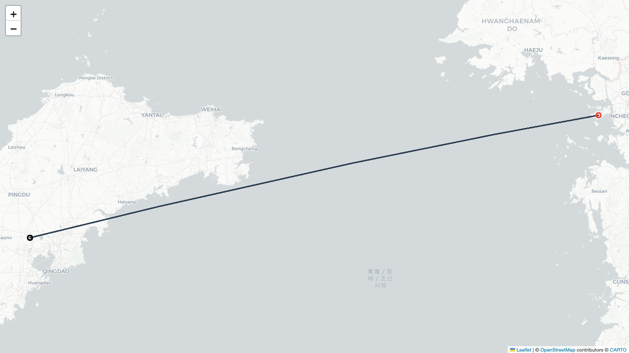 MU2039 중국동방항공 칭다오 Qingdao (자오둥 Jiaodong) (TAO)-서울 Seoul (인천 Incheon) (ICN) 항공편 일정 Flight Map