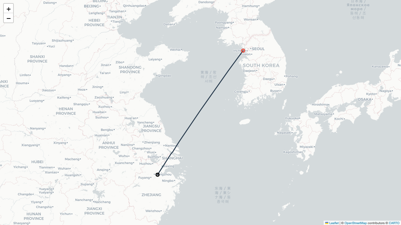 MU5071 중국동방항공 항저우 Hangzhou (샤오산 Xiaoshan) (HGH)-서울 Seoul (인천 Incheon) (ICN) 항공편 일정 Flight Map