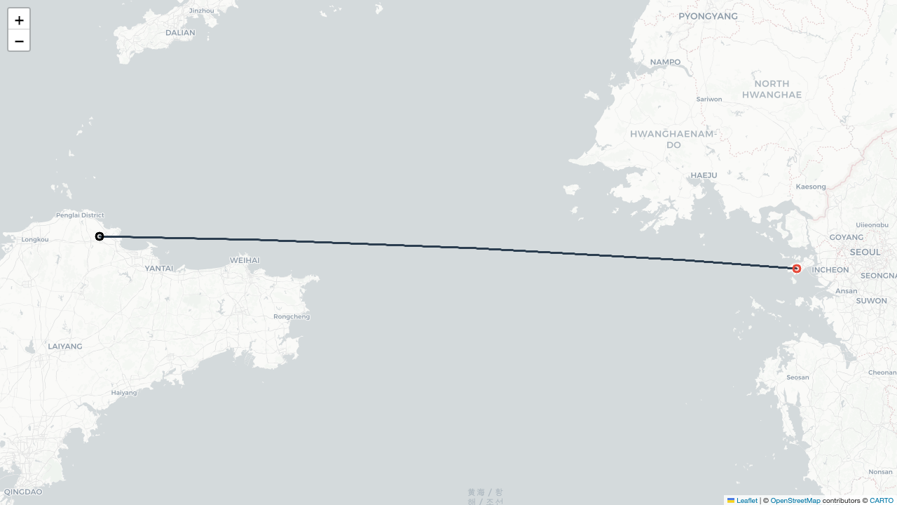 MU549 중국동방항공 옌타이 Yantai (펑라이 Penglai) (YNT)-서울 Seoul (인천 Incheon) (ICN) 항공편 일정 Flight Map