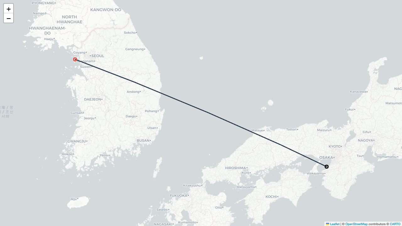 OZ115 아시아나항공 이즈미사노 Izumisano (간사이 Kansai) (KIX)-서울 Seoul (인천 Incheon) (ICN) 항공편 일정 Flight Map