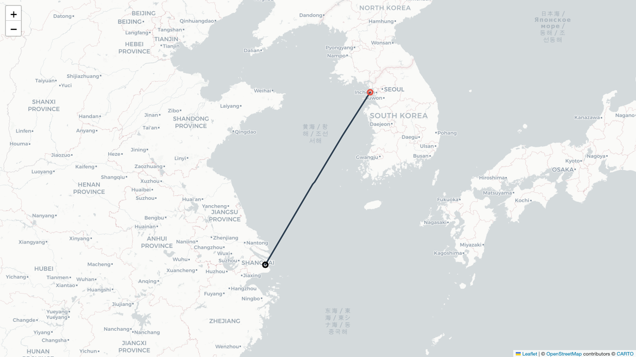 OZ368 아시아나항공 상하이 Shanghai (푸둥 Pudong) (PVG)-서울 Seoul (인천 Incheon) (ICN) 항공편 일정 Flight Map
