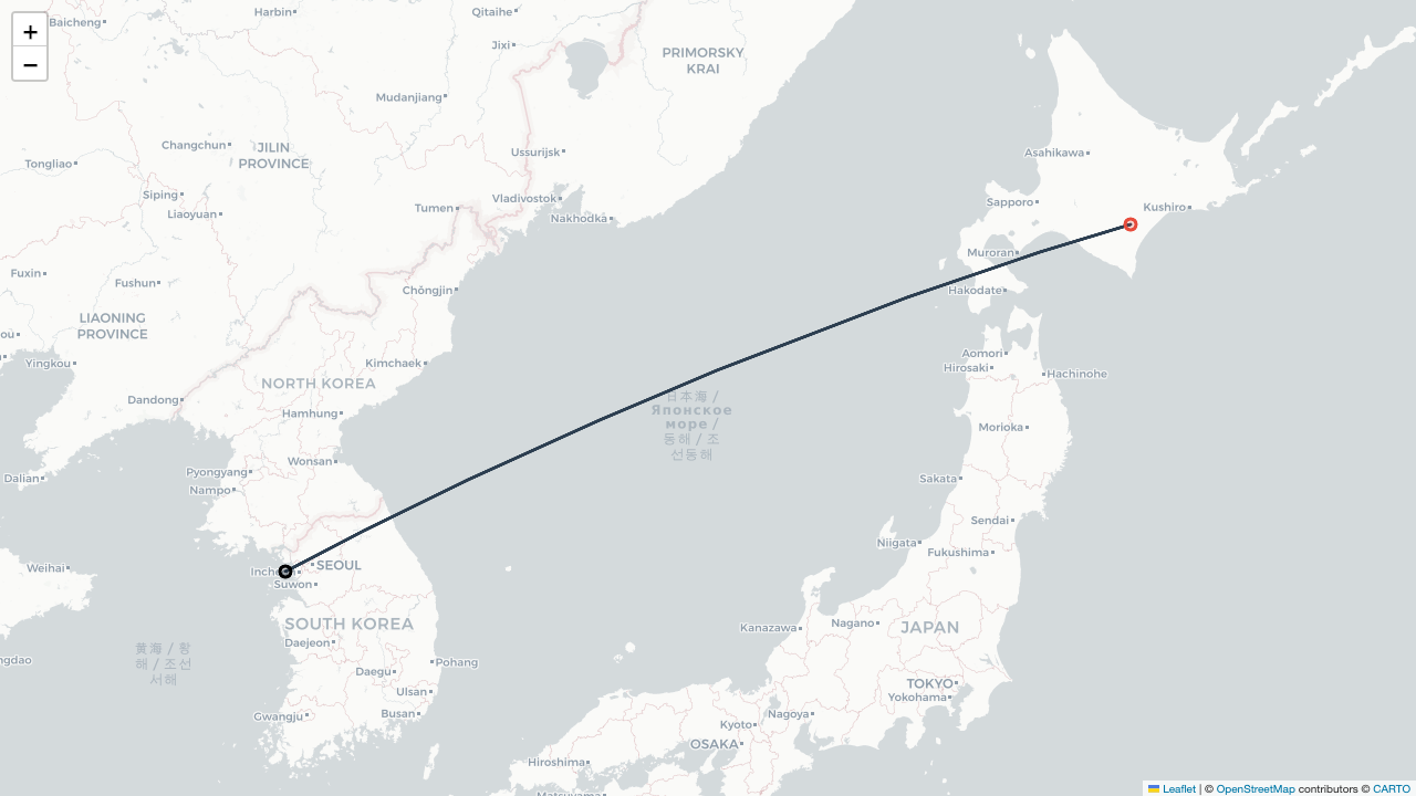 RF358 에어로케이 서울 Seoul (인천 Incheon) (ICN)-오비히로 Obihiro (오비히로 Obihiro) (OBO) 항공편 일정 Flight Map