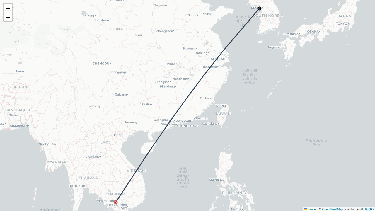 ZA216 스카이 앙코르항공 서울 Seoul (인천 Incheon) (ICN)-프놈펜 Phnom Penh (프놈펜 Phnom Penh) (KTI) 항공편 일정 Flight Map