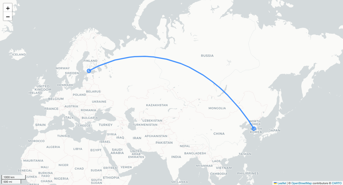 AY42 ICN-HEL 항로 지도