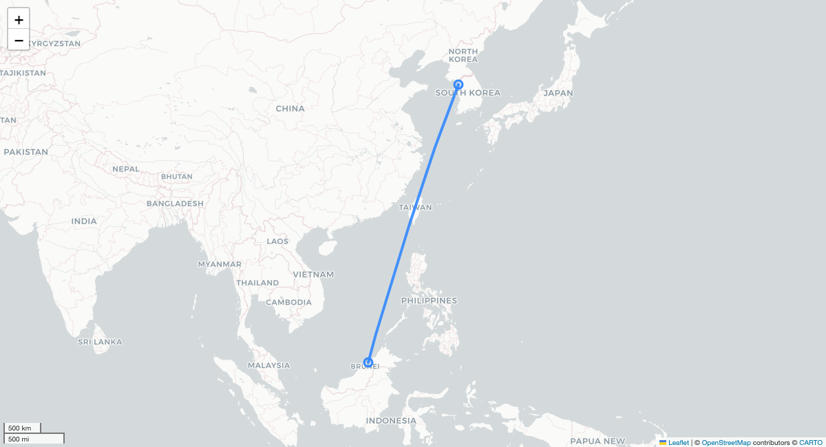 BI652 ICN-BWN 항로 지도