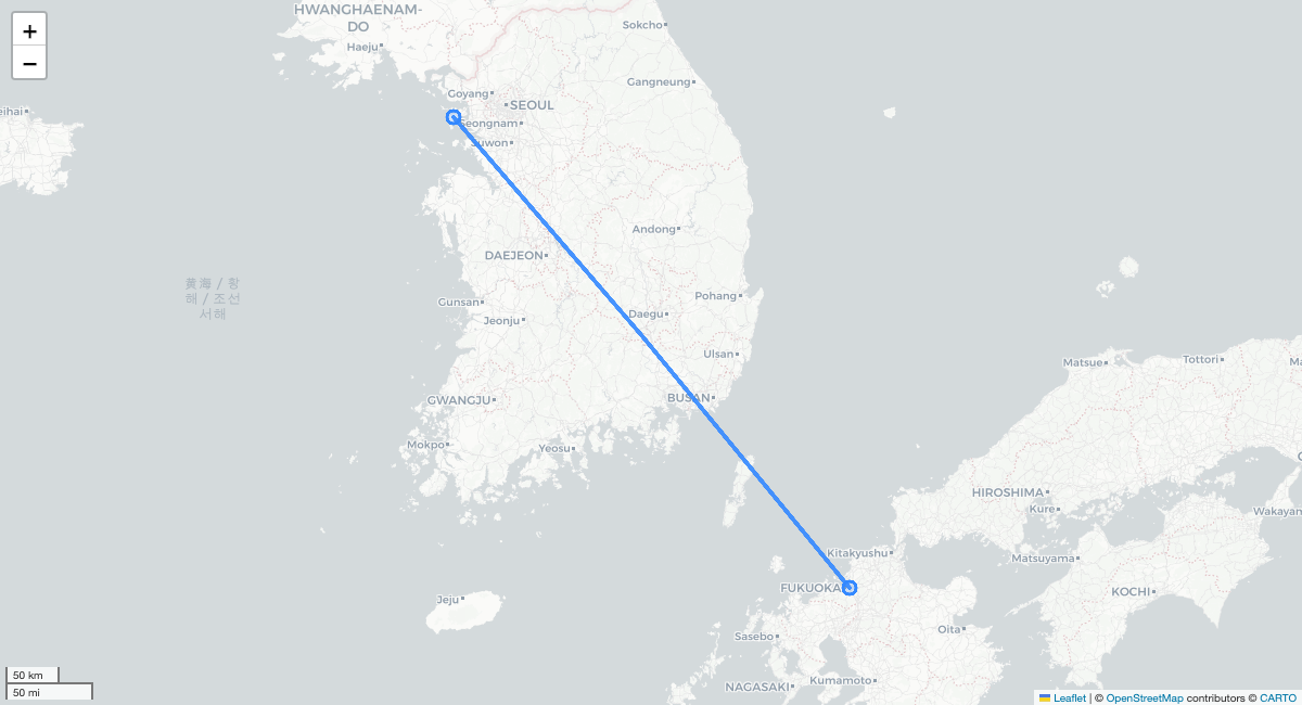 BX158 ICN-FUK 항로 지도