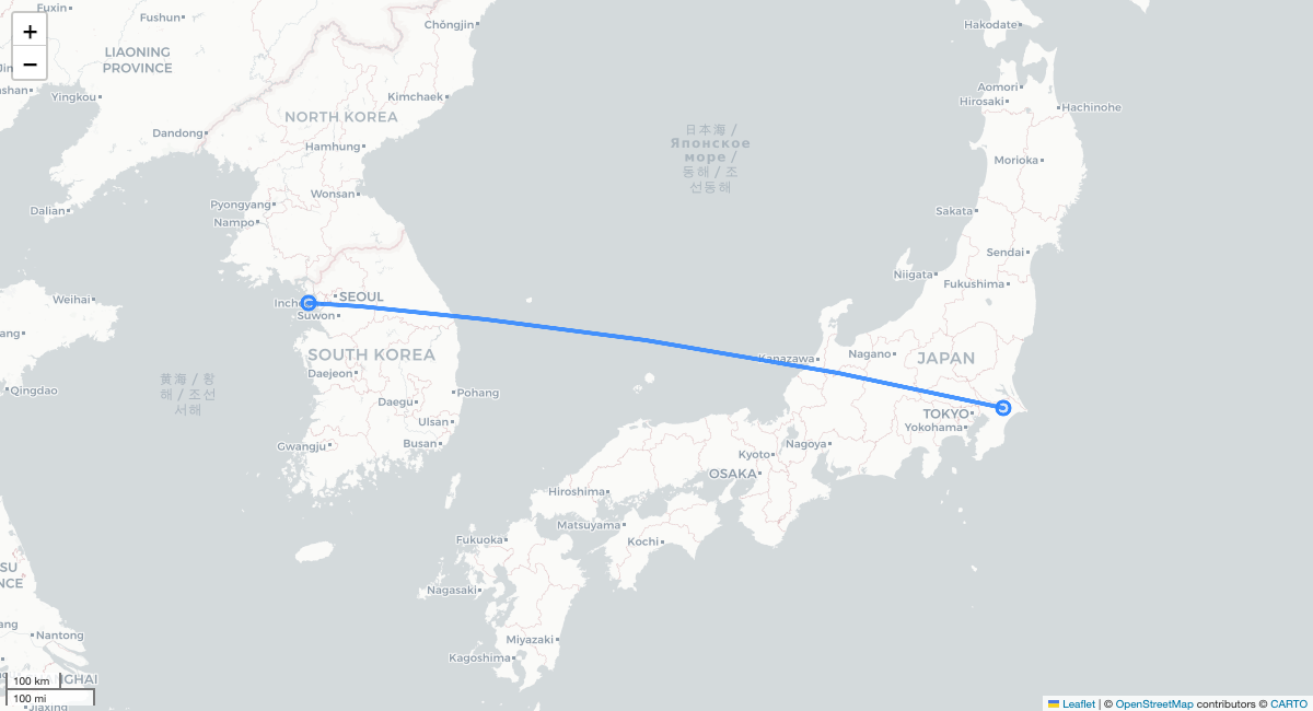BX163 NRT-ICN 항로 지도