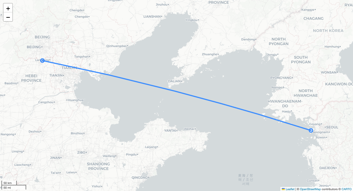 CA131 PKX-ICN 항로 지도