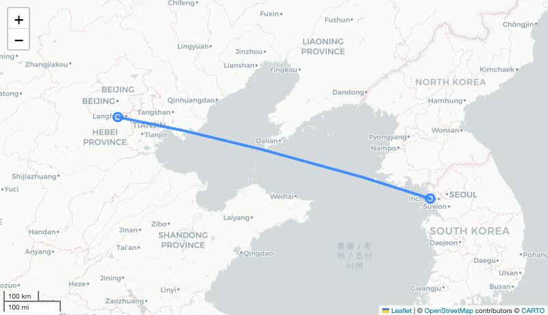 CA132 ICN-PKX 항로 지도