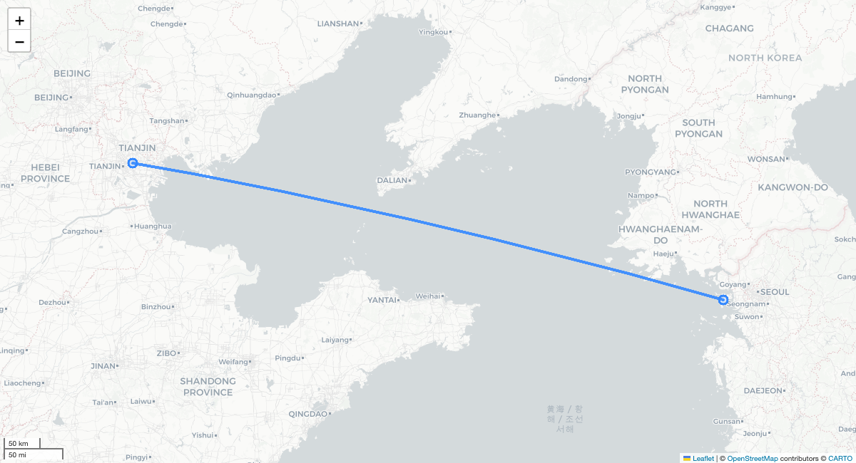 CA172 ICN-TSN 항로 지도