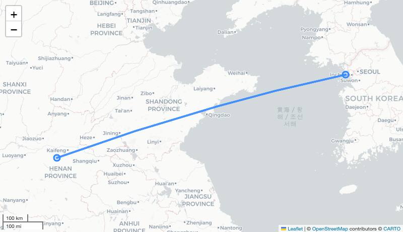 CF222 ICN-CGO 항로 지도