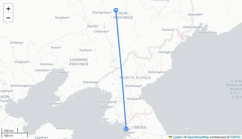 CZ687 CGQ-ICN 항로 지도