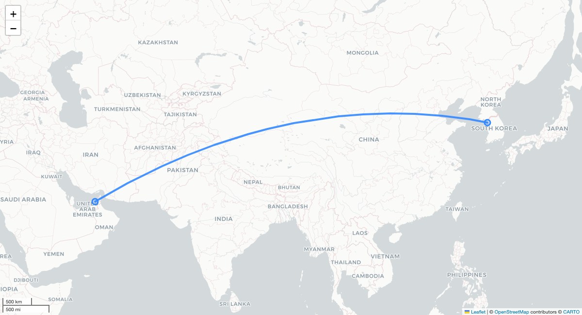 EK323 ICN-DXB 항로 지도