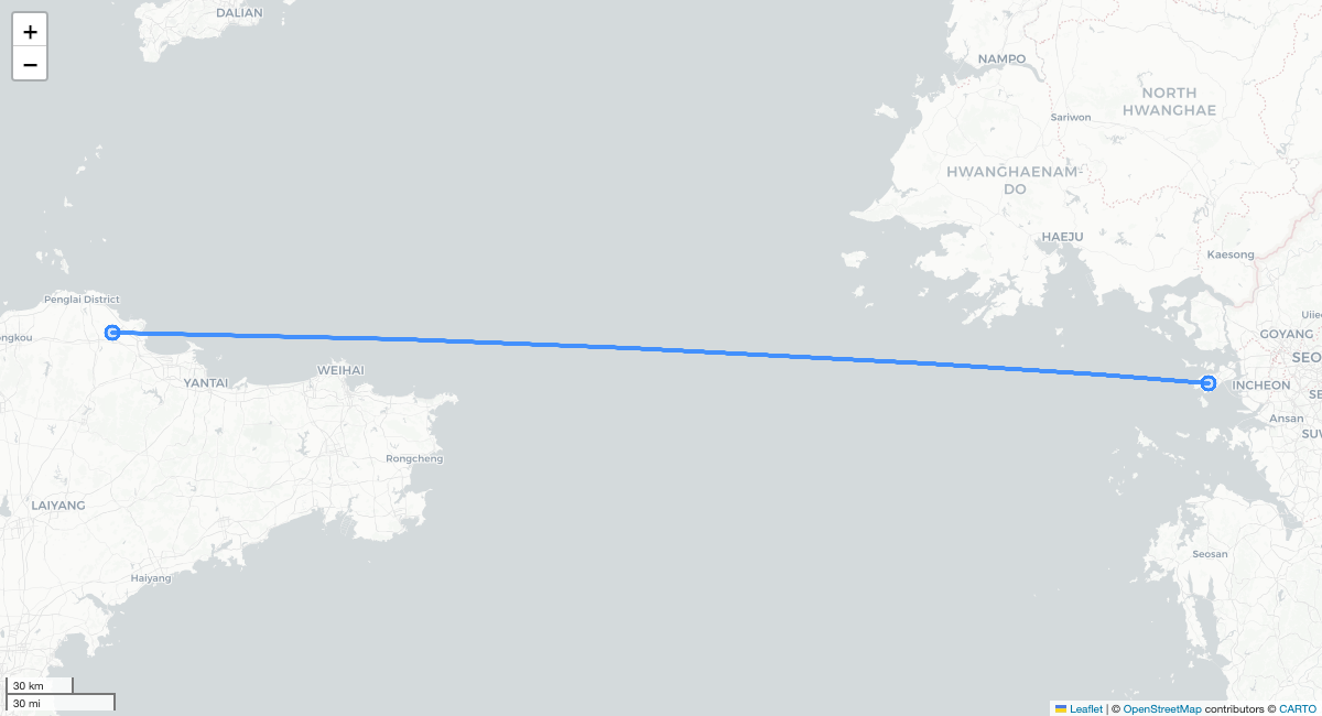 I98809 YNT-ICN 항로 지도