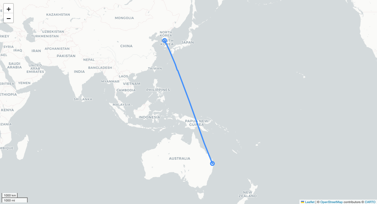 JQ53 BNE-ICN 항로 지도