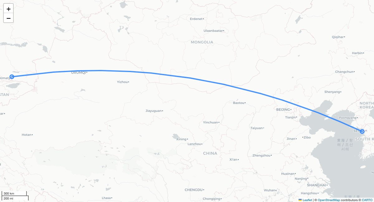 KC909 ALA-ICN 항로 지도