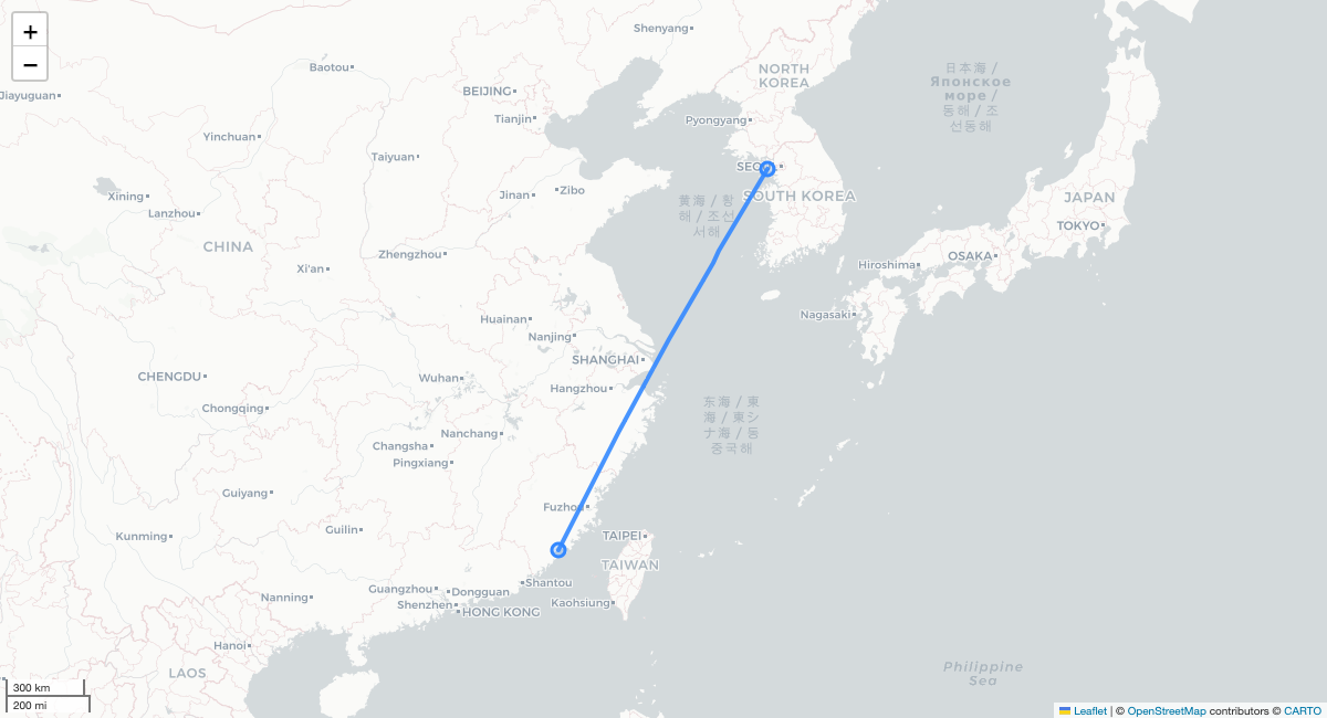 KE125 ICN-XMN 항로 지도