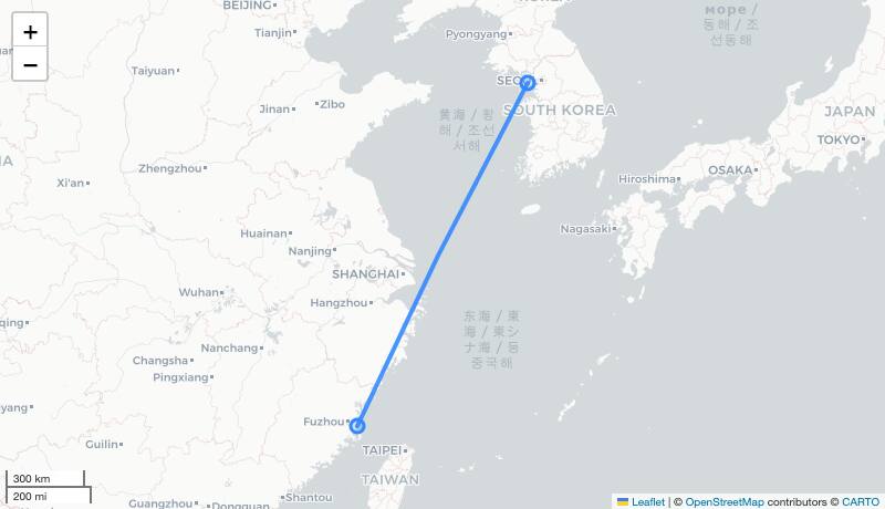 KE127 ICN-FOC 항로 지도