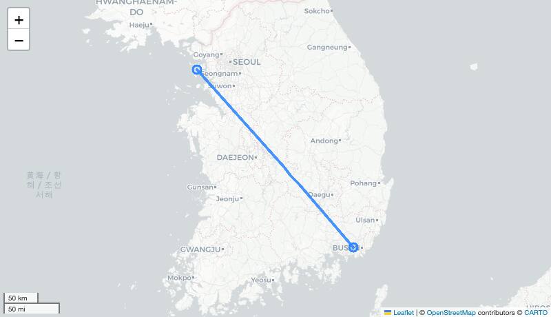 KE1407 ICN-PUS 항로 지도