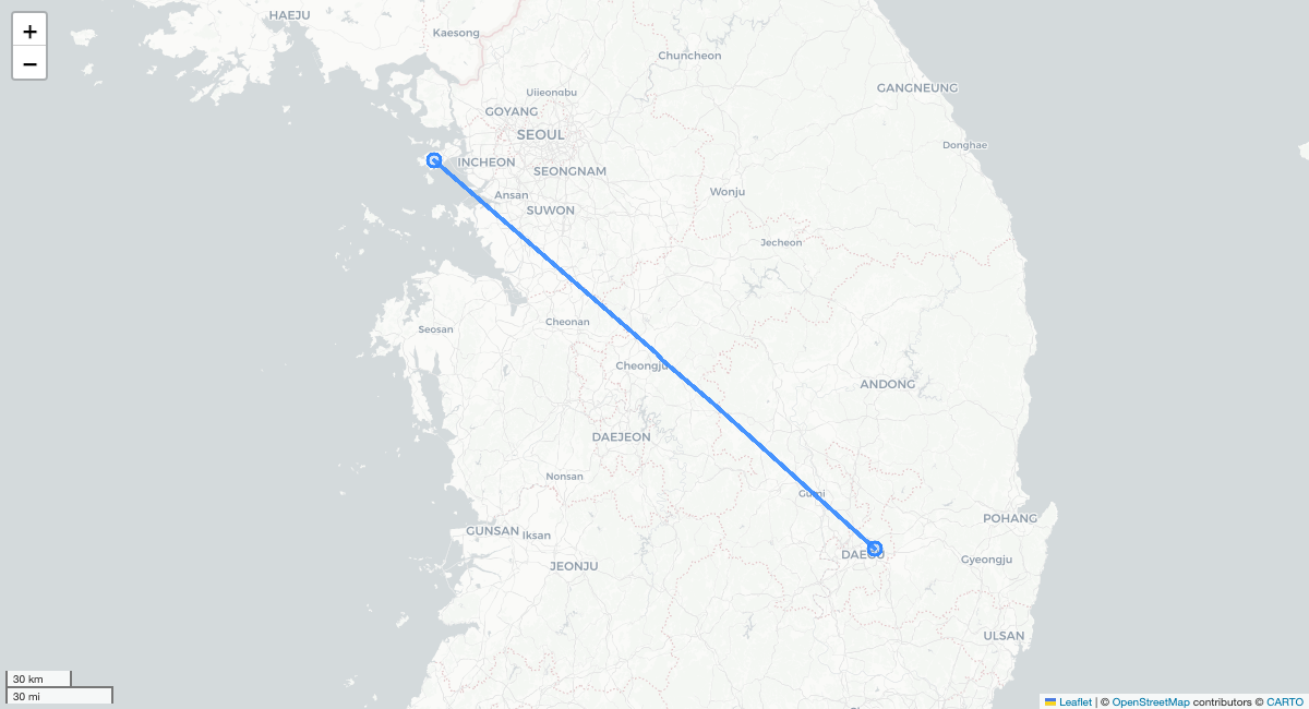 KE1432 TAE-ICN 항로 지도