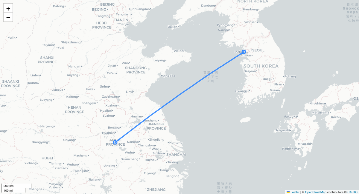 KE156 HFE-ICN 항로 지도