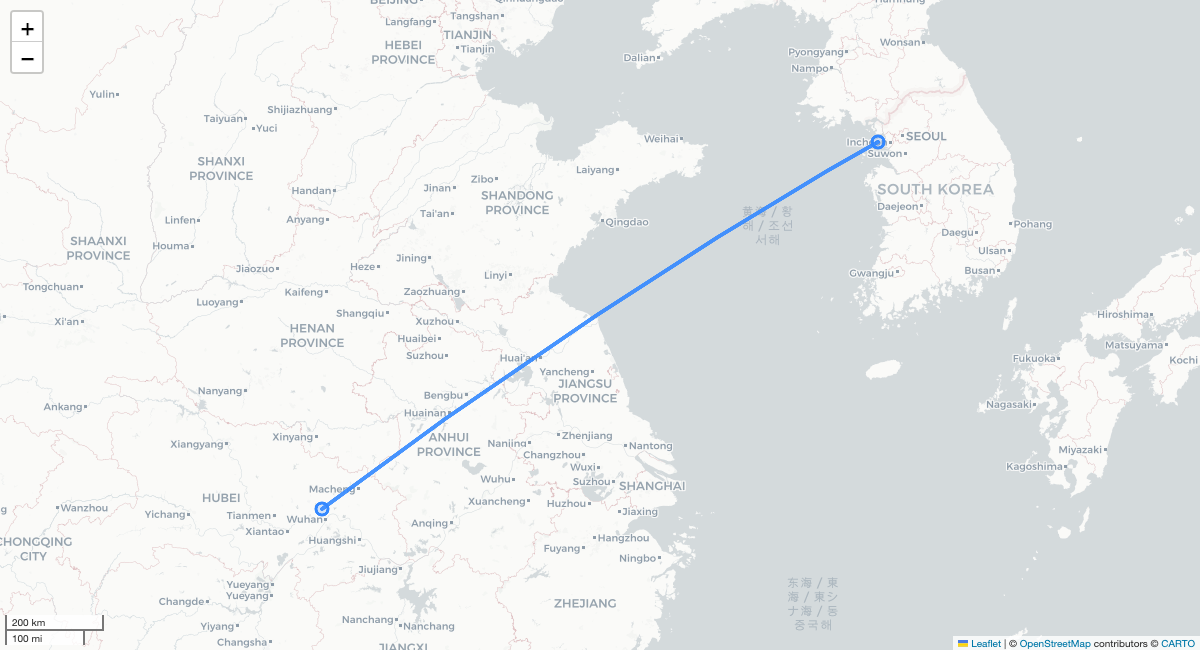 KE165 ICN-WUH 항로 지도