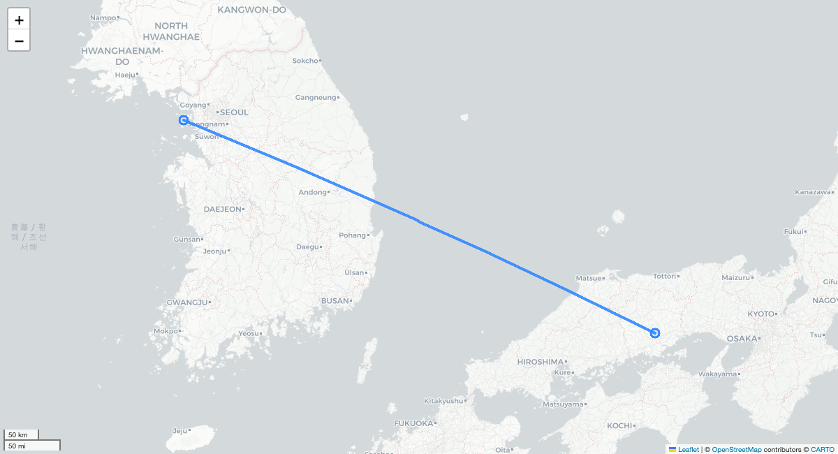KE2186 OKJ-ICN 항로 지도