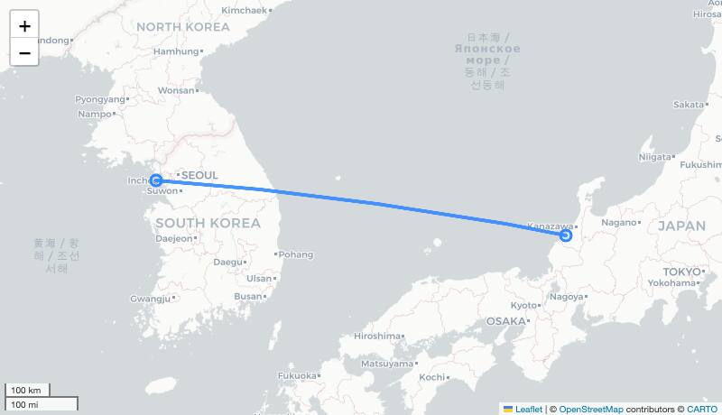 KE2190 KMQ-ICN 항로 지도