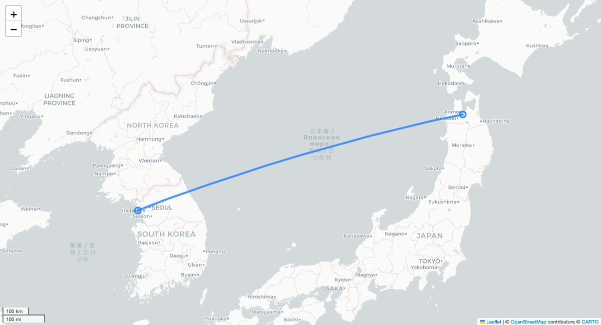KE2194 AOJ-ICN 항로 지도