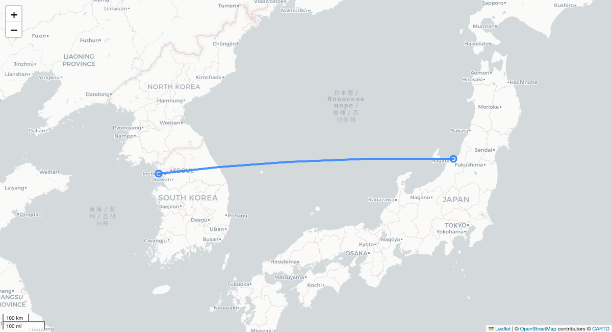 KE2198 KIJ-ICN 항로 지도