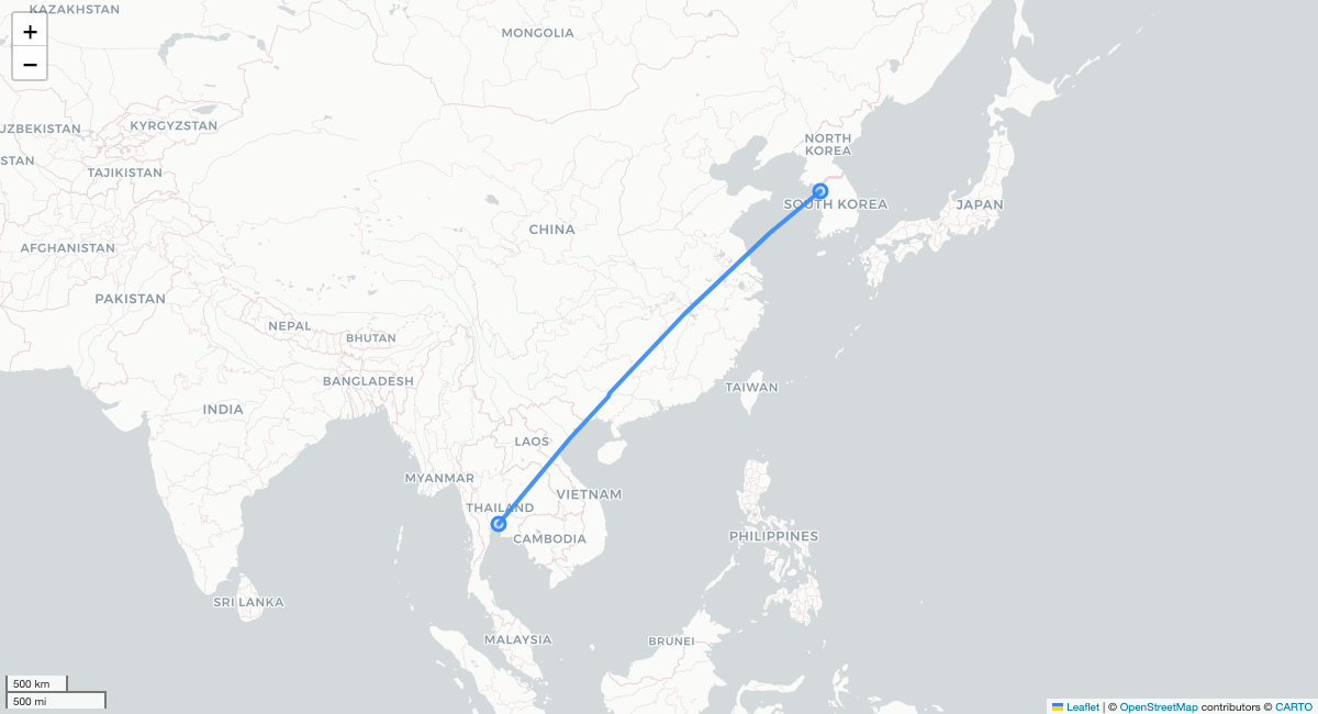 KE654 BKK-ICN 항로 지도