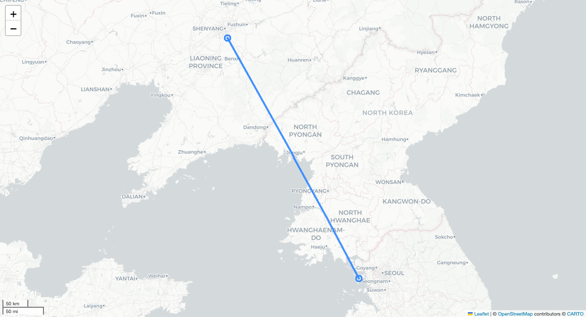 KE833 ICN-SHE 항로 지도