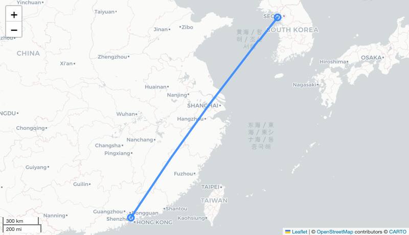 KE836 SZX-ICN 항로 지도