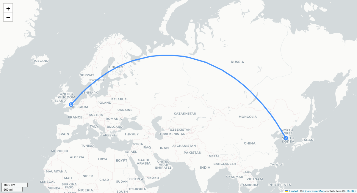 KE908 LHR-ICN 항로 지도