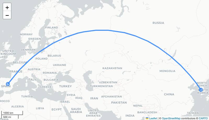 KE913 ICN-MAD 항로 지도
