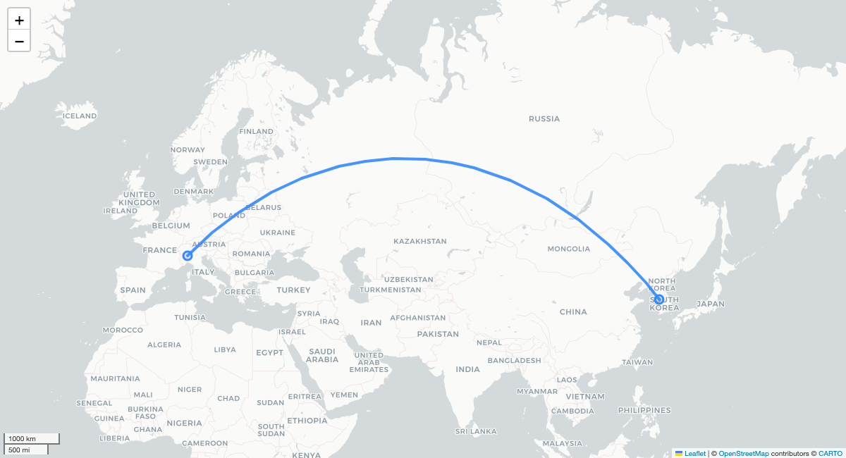 KE928 MXP-ICN 항로 지도